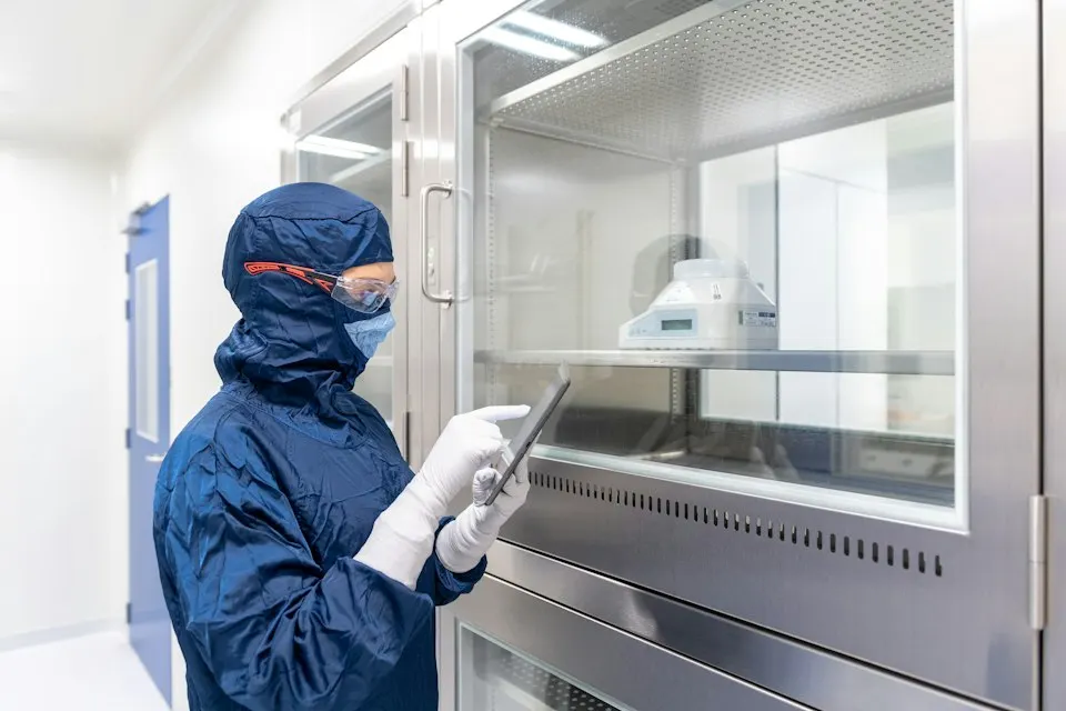 Technicienne en salle blanche consultant une tablette